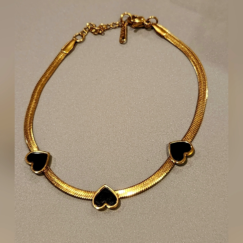 Stainless Steel Bracelet, Heart Design. Gold Color,Opal Black Stone .Plated Gold